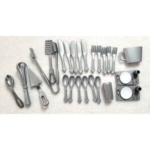 25 Pc Lot Barbie Silver Kitchen Utencils Forks Knife Spoon Tray Beater Serving
